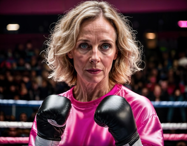 zdjęcie pięknej kobiety w średnim wieku w różowym stroju bokserskim na ringu bokserskim generatywny AI