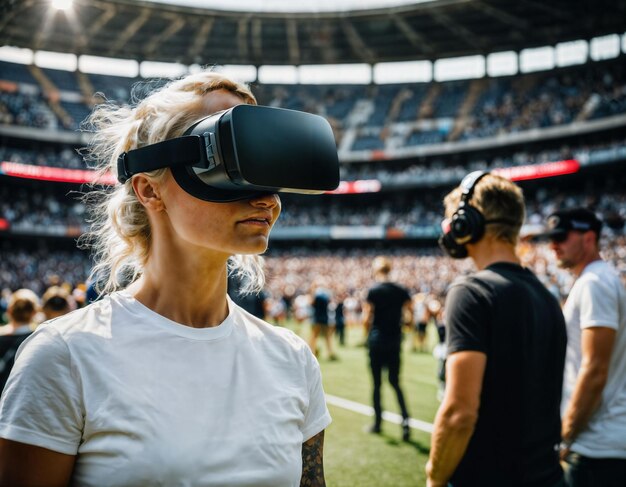 Zdjęcie zdjęcie pięknej kobiety z okularami vr na stadionie sportowym arenie generatywnej ai