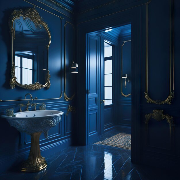 Zdjęcie pięknej łazienki ze złotymi detalami i luksusowymi meblami
