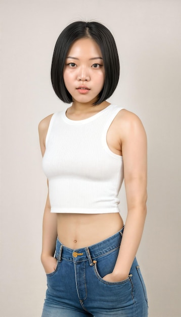 zdjęcie pięknej młodej azjatyckiej kobiety z białym topem i dżinsami stojącej na białym tle