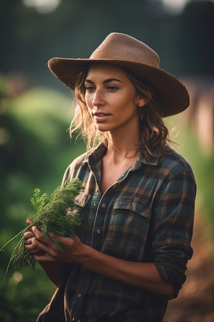 Zdjęcie pięknej młodej kobiety pracującej na farmie stworzonej za pomocą sztucznej inteligencji generatywnej