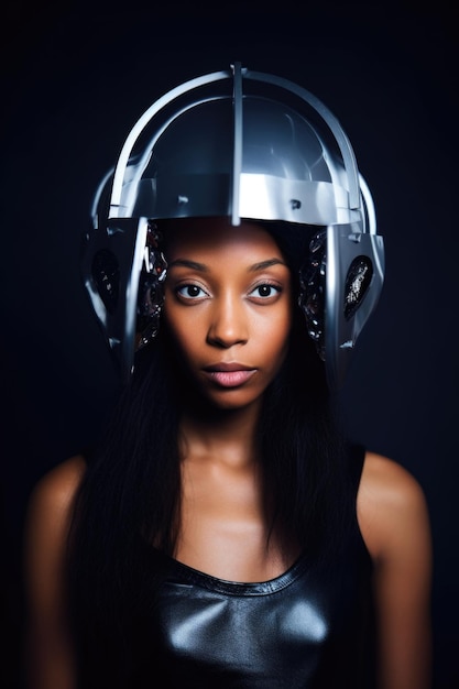 Zdjęcie pięknej młodej kobiety w futurystycznym nakryciu głowy stworzonym za pomocą sztucznej inteligencji.