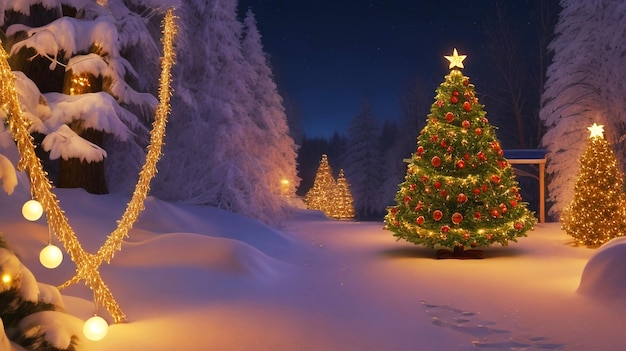 Zdjęcie pięknej śnieżnej nocy bożonarodzeniowej z choinką