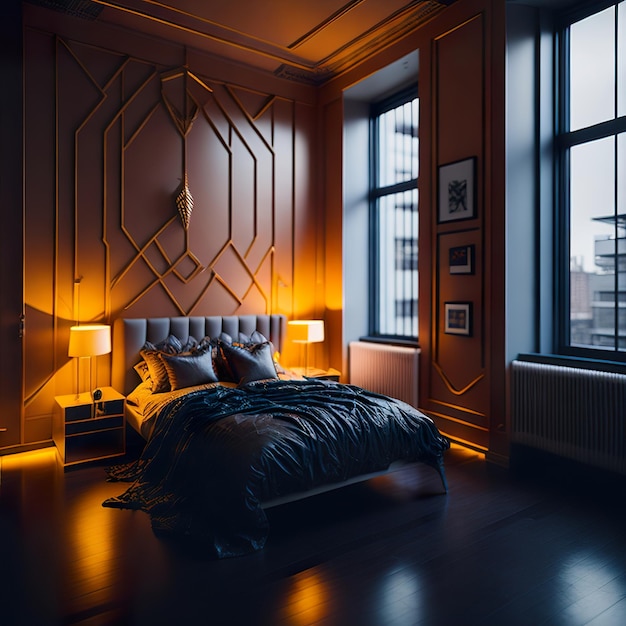 Zdjęcie pięknej sypialni ze złotymi detalami i luksusowymi meblami