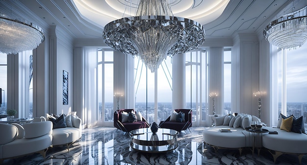 Zdjęcie zdjęcie pięknie ozdobionego salonu z eleganckimi meblami i wspaniałym żyrandolem