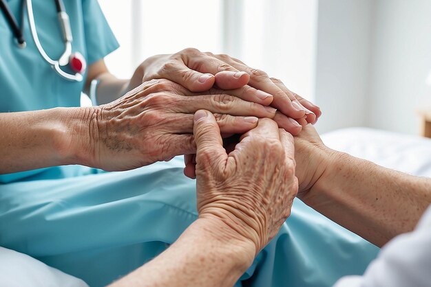 Zdjęcie zdjęcie pielęgniarki trzymającej rękę starszych pacjentów udzielającej wsparcia lekarz pomagający starszemu pacjentowi z chorobą alzheimera pielęgniarka trzymająca ręce starszego mężczyzny