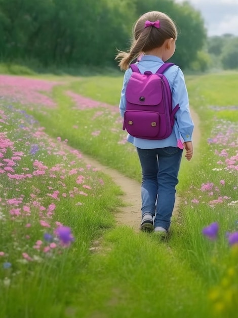 Zdjęcie pierwszego dnia w szkole mała uczennica w pierwszej klasie szkoły podstawowej wraca do szkoły