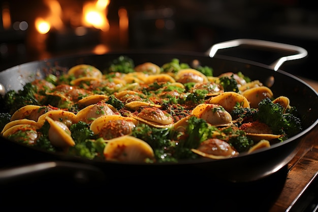 Zdjęcie pikantnego włoskiego makaronu orecchiette z kiełbasą i brokułami