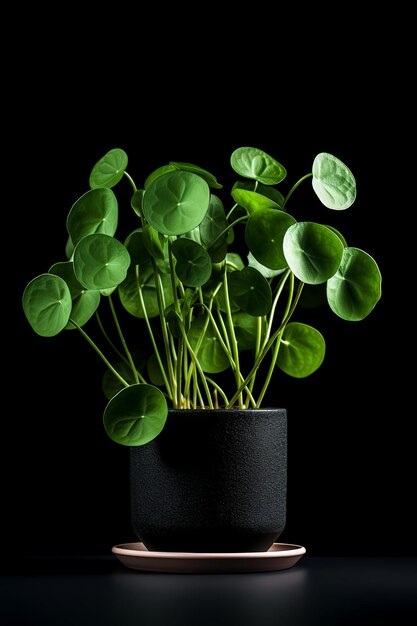 Zdjęcie Pilea peperomioides w minimalistycznym garnku jako roślina doniczkowa do dekoracji wnętrz na czarnym tle