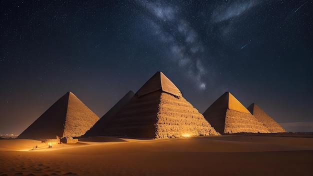zdjęcie piramid w Gizie pod błyszczącym nocnym niebem