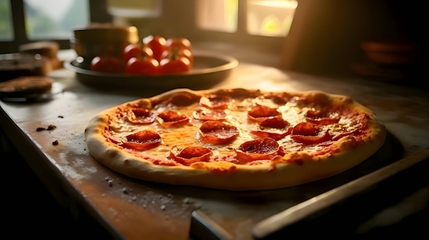 Zdjęcie pizzy na drewnianej desce i stole widok z boku czarne tło