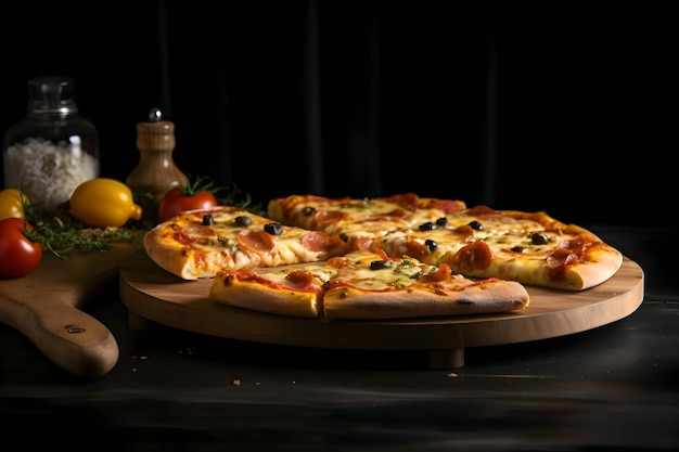 Zdjęcie pizzy na drewnianej desce i stole widok z boku czarne tło