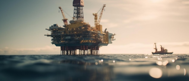 Zdjęcie platformy naftowej w oceanie z zachodzącym za nią słońcem