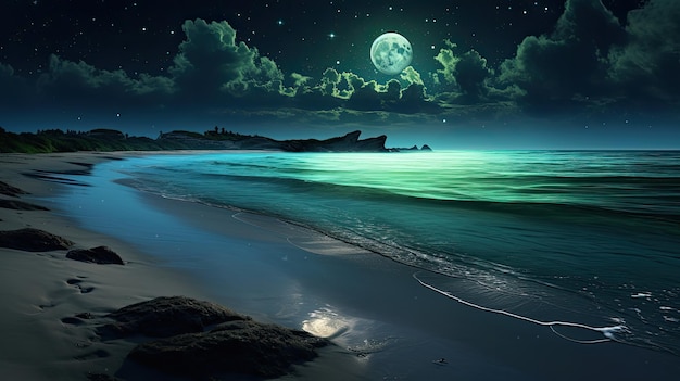 Zdjęcie plaży z bioluminescentnym fitoplanktonem w noc pełni księżyca