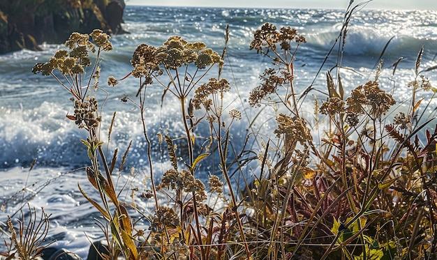 Zdjęcie zdjęcie plaży z kwiatami i oceanem na tle
