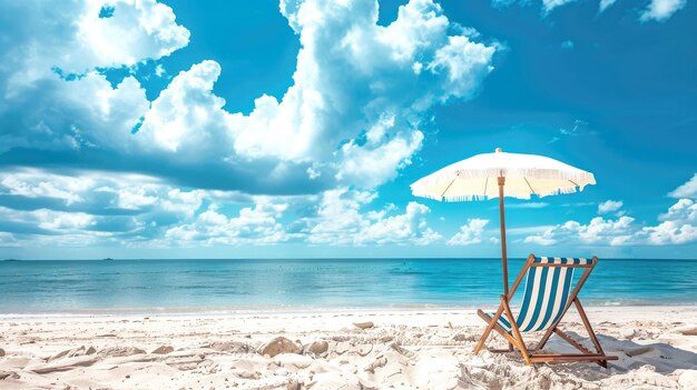 Zdjęcie zdjęcie plaży z niebieskim niebem i białymi chmurami, piaszczystego brzegu, krzesła pod paskowym parasolem