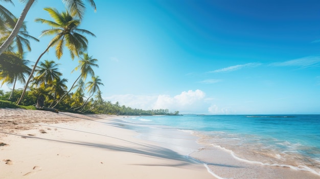 Zdjęcie plaży z palmami, czyste niebieskie niebo