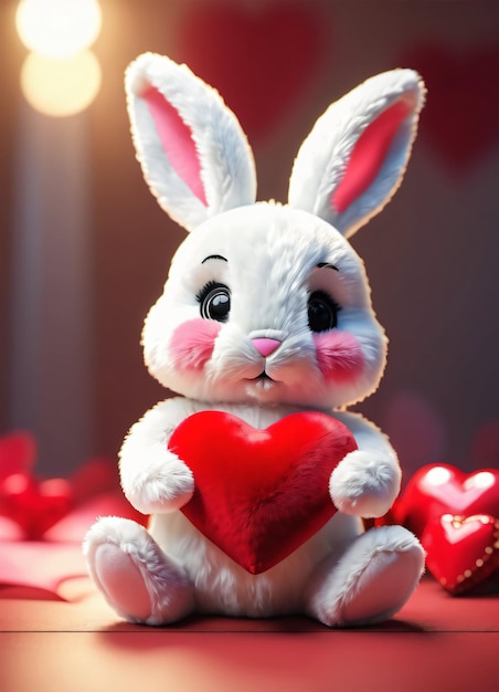 Zdjęcie pluszowego króliki przytulającego serce szczęśliwego Walentynki