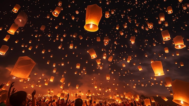 Zdjęcie pływającej latarni na niebie z festiwalem Yee Peng