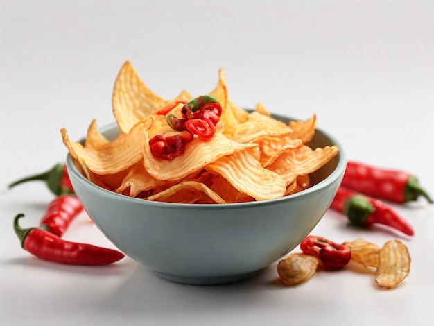 Zdjęcie png chipsów ziemniaczanych w misce z pieprzem chili izolowanym na białym tle