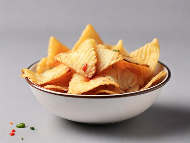 Zdjęcie png trójkątne chipsy ziemniaczane w misce z sosem izolowanym na białym tle