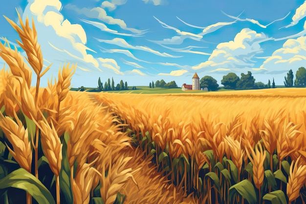 Zdjęcie pola kukurydzy w pogodny dzień Drzewo kukurydziane na gruntach rolnych z błękitnym pochmurnym niebem Wygenerowano AI