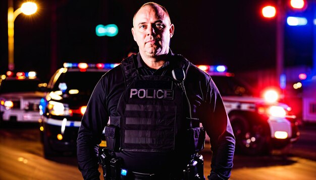 Zdjęcie policjanta w średnim wieku stojącego przed samochodem policyjnym w nocy z tylnym oświetleniem generatywnym AI