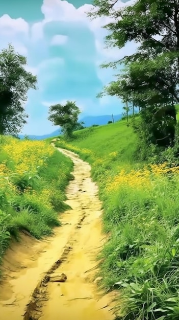 Zdjęcie polnej drogi z niebieskim niebem i żółtymi kwiatami.