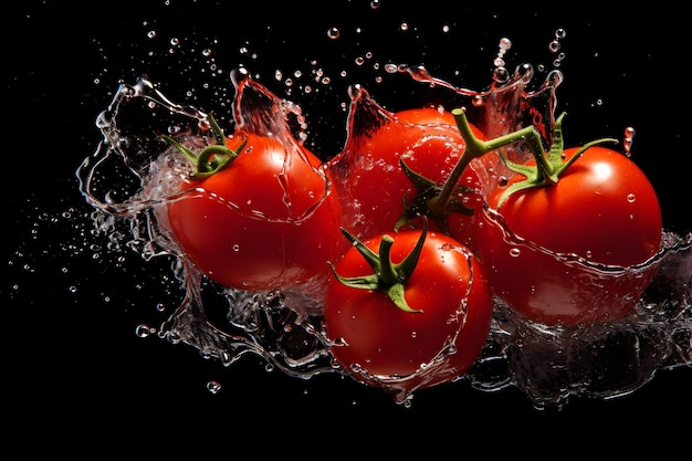 Zdjęcie pomidorów i plusk wody na czarnym tle generatywnej ai