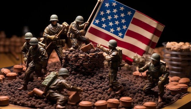 Zdjęcie pomnika Iwo Jimy, ale zastępcze żołnierzyki podnoszące amerykańską flagę