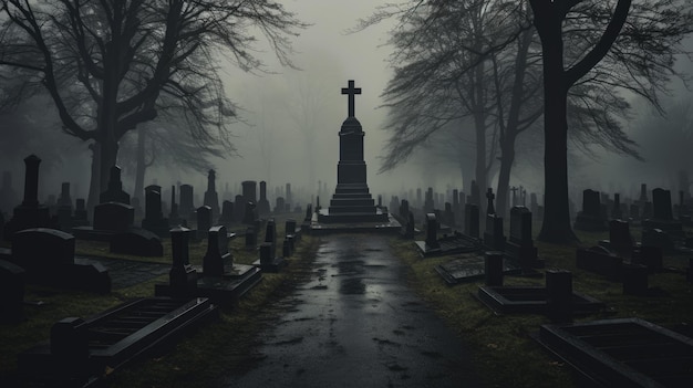 Zdjęcie ponurego cmentarza z pochmurnym niebem