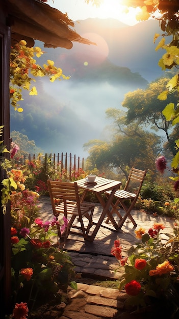Zdjęcie porannej natury z filiżanką herbaty lub kawy z pięknymi kwiatami i słońcem
