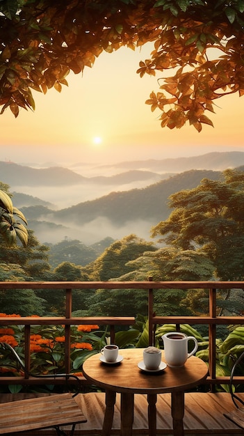 Zdjęcie porannej przyrody z filiżanką herbaty lub kawy z pięknymi kwiatami i słońcem