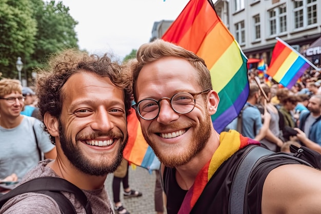 Zdjęcie portretowe dwóch szczęśliwych gejów z flagami lgbt na paradzie gejów Generative AI Technology