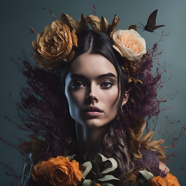 Zdjęcie portretowe kobiety z kwiatami we włosach
