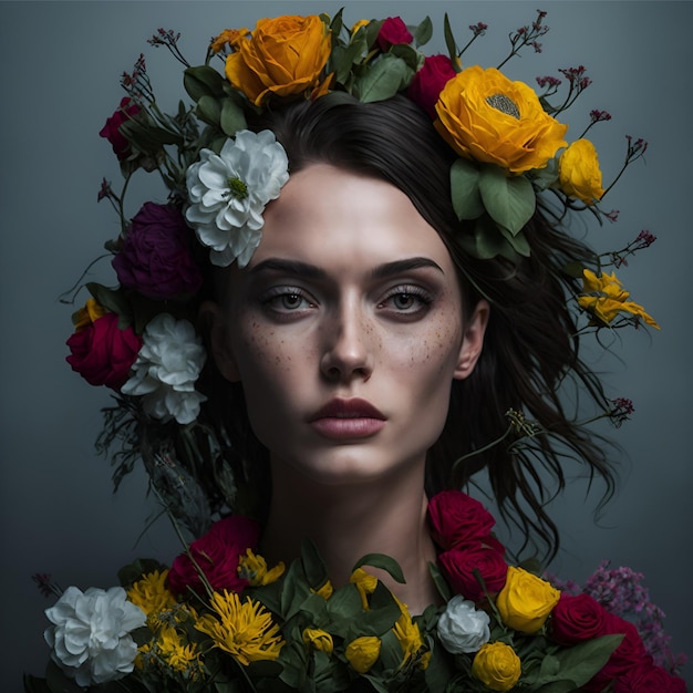Zdjęcie portretowe kobiety z kwiatami we włosach