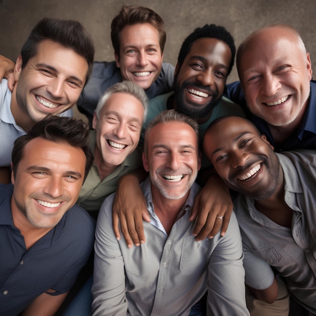Zdjęcie portretowe wielu mężczyzn siedzących razem i uśmiechających się inaczej