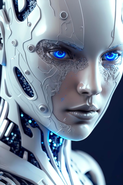 Zdjęcie portretowe z bliska niekompletnego humanoidalnego androida pokrytego białą porcelanową skórą i niebieskimi oczami Generacyjna sztuczna inteligencja