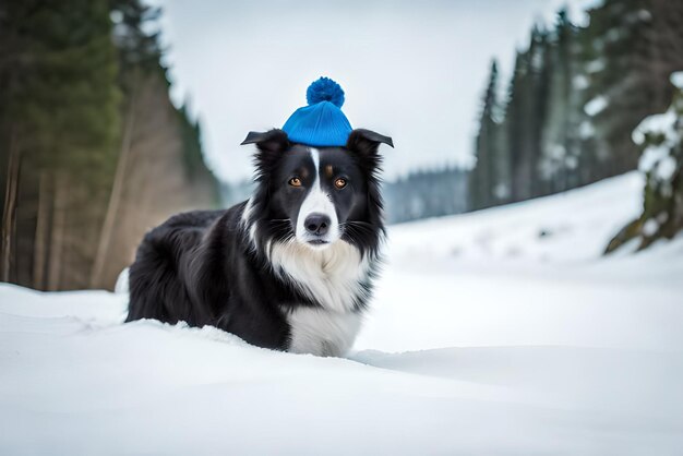 zdjęcie portretu czarnego border collie z uroczą czapką w lesie pokrytym śniegiem