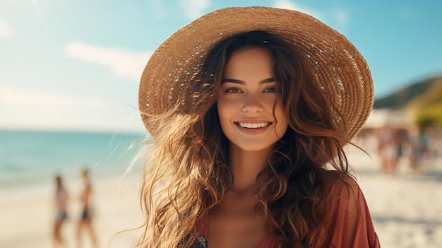zdjęcie portretu pięknej młodej kobiety szczęśliwej i uśmiechniętej na plaży morza generowane przez sztuczną inteligencję