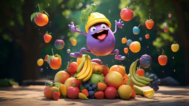 Zdjęcie postaci D żonglującej różnorodnymi kolorowymi owocami