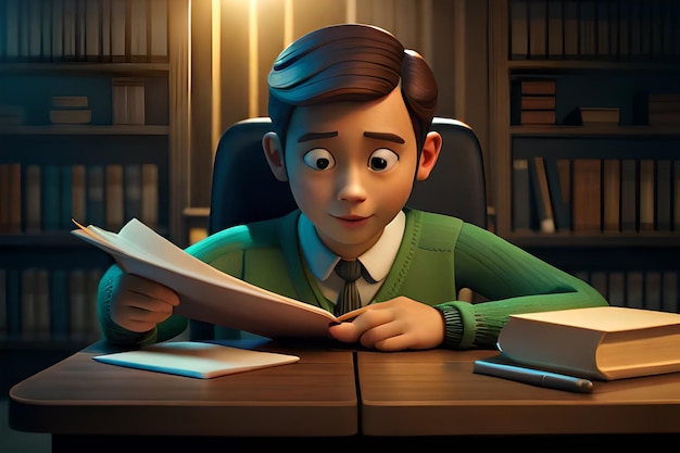 Zdjęcie postaci z kreskówki Postać z kreskówki siedzi przy biurku i czyta książkę