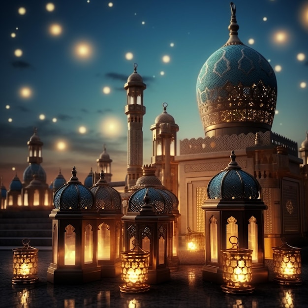 Zdjęcie powitania Ramadanu Kareem z spokojnym tłem meczetu z piękną świecącą latarnią