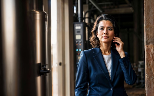 Zdjęcie pracującej kobiety-przedsiębiorcy w fabryce z generatywną sztuczną inteligencją maszyn i pracowników