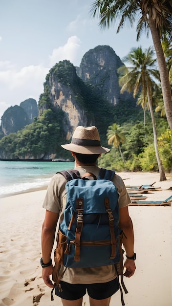 Zdjęcie prawdziwe dla Podróżujący z plecakiem na plaży w Tajlandii w motywie podróżowania z plecakem pełna głębokość