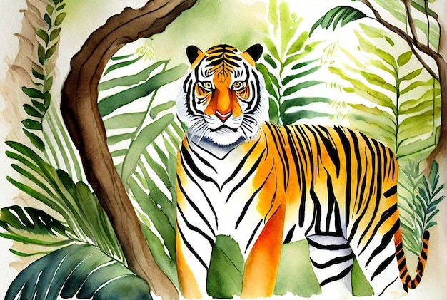 Zdjęcie prawdziwego tygrysa akwarelowego z lasem Tło