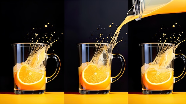 Zdjęcie procesu nalewania soku pomarańczowego Wygeneruj AI