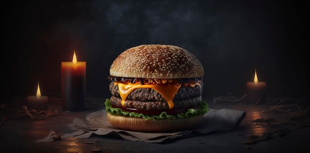 Zdjęcie produktu pysznego ogromnego burgera w ciemnym tle restauracji
