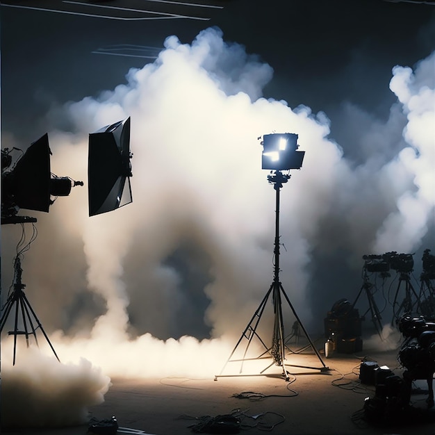 Zdjęcie profesjonalnego sprzętu oświetleniowego na planie filmowym z dymem w powietrzu