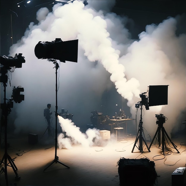 Zdjęcie profesjonalnego sprzętu oświetleniowego na planie filmowym z dymem w powietrzu